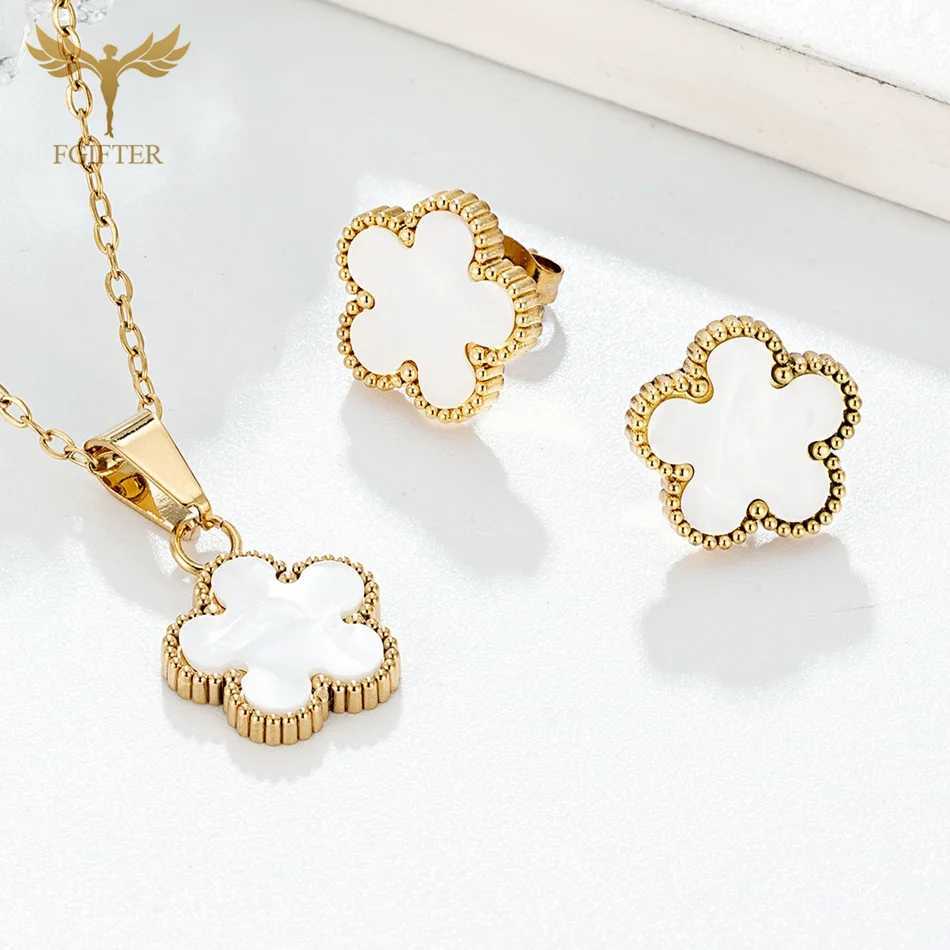 Beautiful White Shell Flower Pendant Necklace And Stud Earrings Jewelry Set Golden Stainless Steel Accessories Women Girls Gifts Z250607