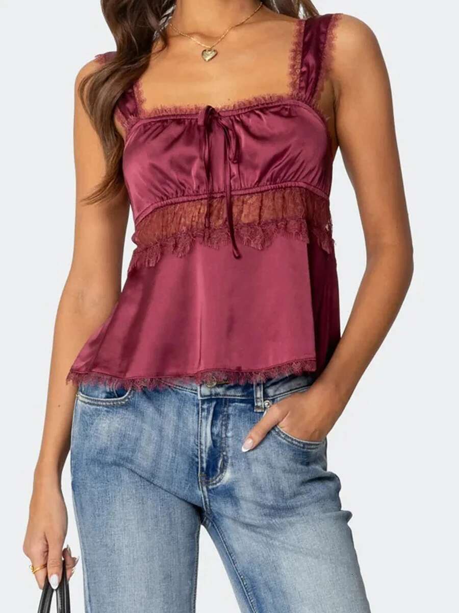 Womens Lace Trim Sleeveless Babydoll Tank Top with Square Neck and Backless Design Fit Crop Shirt for Summer Streetwear