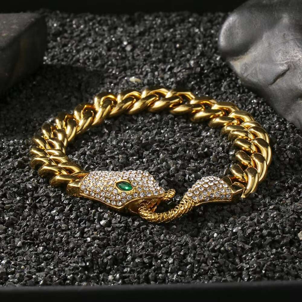 2025 Trendy stainless steel jewelry mens hip-hop Cuban chain bracelet full diamond green/red eye snake head bracelet wholesale