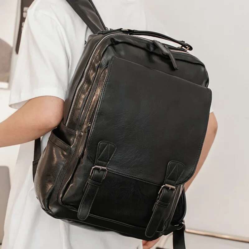 Fashion Design Men Waterproof 15 Inch Laptop Solid PU Leather Backpack Male Business Casual Back Bag Mochila