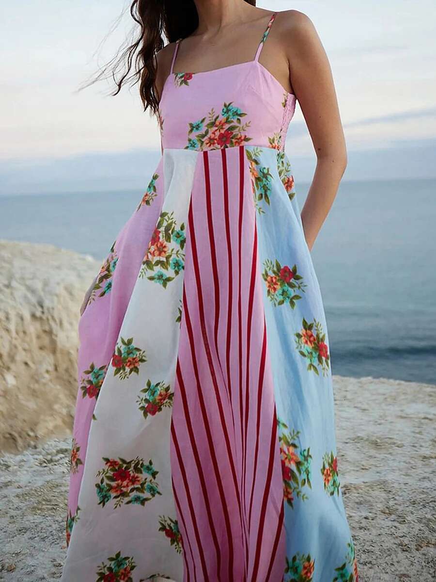 Womens Elegant V-neck Maxi Dress with Ruffle Hem and Adjustable Spaghetti Straps for Summer Beach Wedding Party