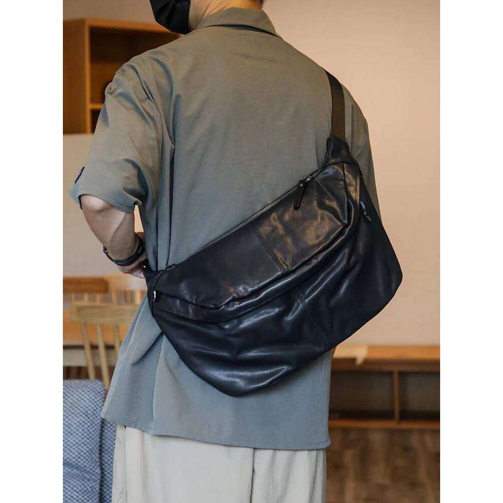 Soft Black Cowhide Leather Men's 14-15.6 inch laptop Messenger Crossbody Bag Large Capacity Back Pack Casual Chest Bags