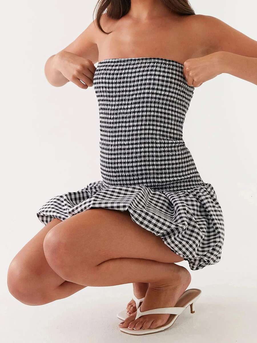 Womens Plaid Off Shoulder Mini Dress with Pufll Sleeves and Tube Top Design for a Stylish Look