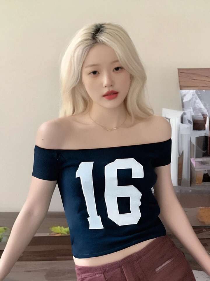 Womens Off-shoulder Top with Short Sleeves Stylish Letters and Numbers Print Fit Summer Clubwear for a Chic Look