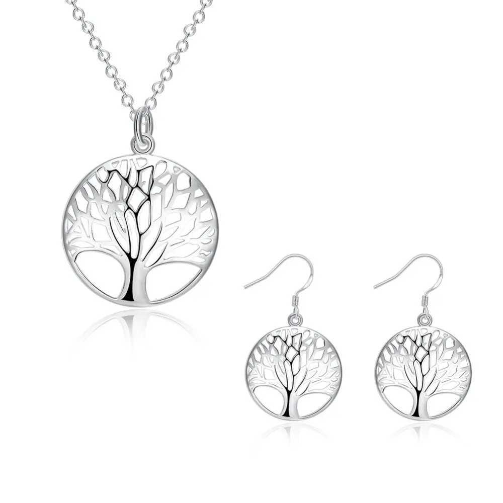 925 Sterling Silver Charm Round Tree of Life Earrings Necklace Set For Women Fashion Wedding Christmas Jewelry Set Z250607