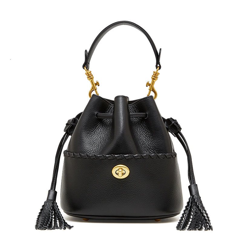 Free Shipping Luxury Top Layer Cowhide Bucket Bag 2025 New Designer Leather Women's Bag Tassel Niche Drawstring Shoulder Crossbody Bag Handbag