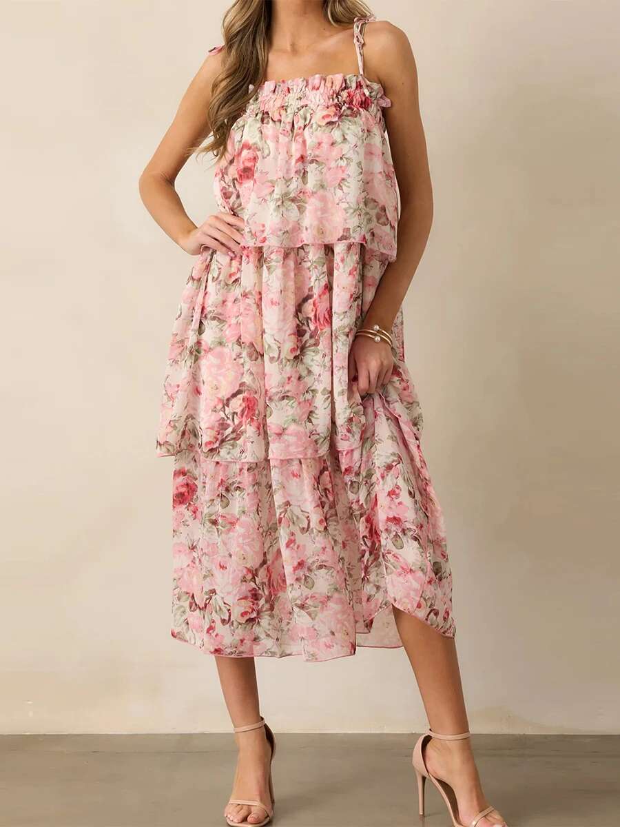 Womens Boho Floral Print Sleeveless Maxi Dress with V-neckline and Tiered Ruffle Hem for Summer Beach Vacation
