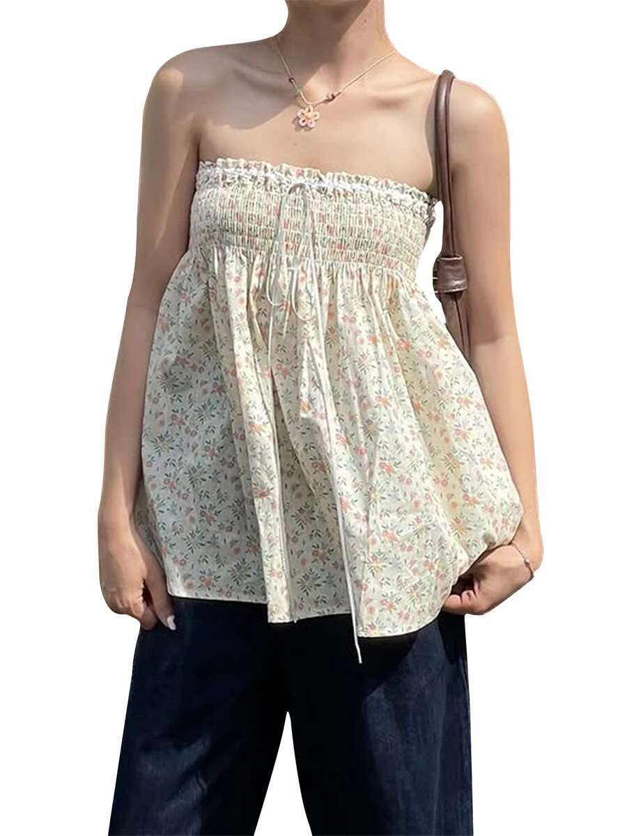 Womens Floral Print Strapless Tube Top with Pleated Detailing Backless Design and Perfect for Summer Clubwear