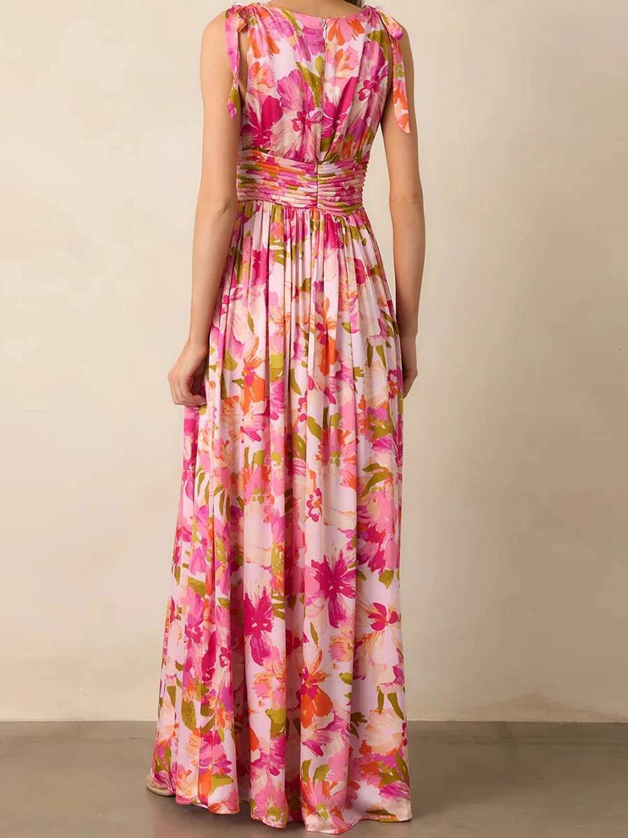 Elegant Maxi Dress with Boho Floral Print Stylish V-neckline and Chic Tie-up Shoulder Detail Perfect for Summer Casual Wear