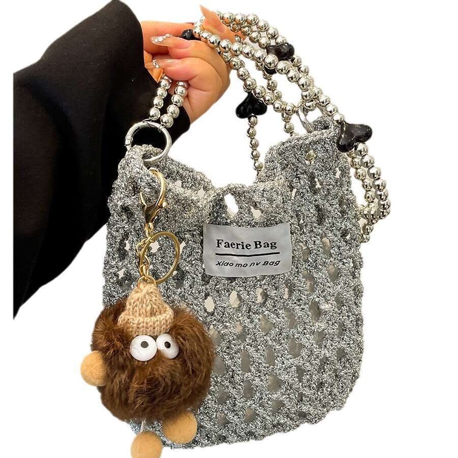 (Finished Product) Handmade Crochet Silver Thread Shoulder Phone Bag Crossbody Women's Fashion Versatile