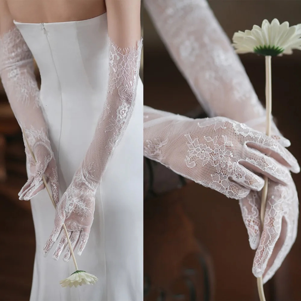 Wedding Bridal Long Gloves Ivory Eyelash Edge Lace Thin Appliqed Floral Finger Embroidery Breathable Soft Stage Prom Opera 250603