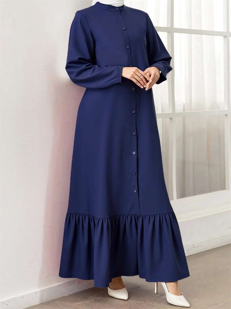 Middle Eastern Style Womens Long Dress with Solid Color and Loose Fit Design Featuring Button Down Front Crew Neck and Long