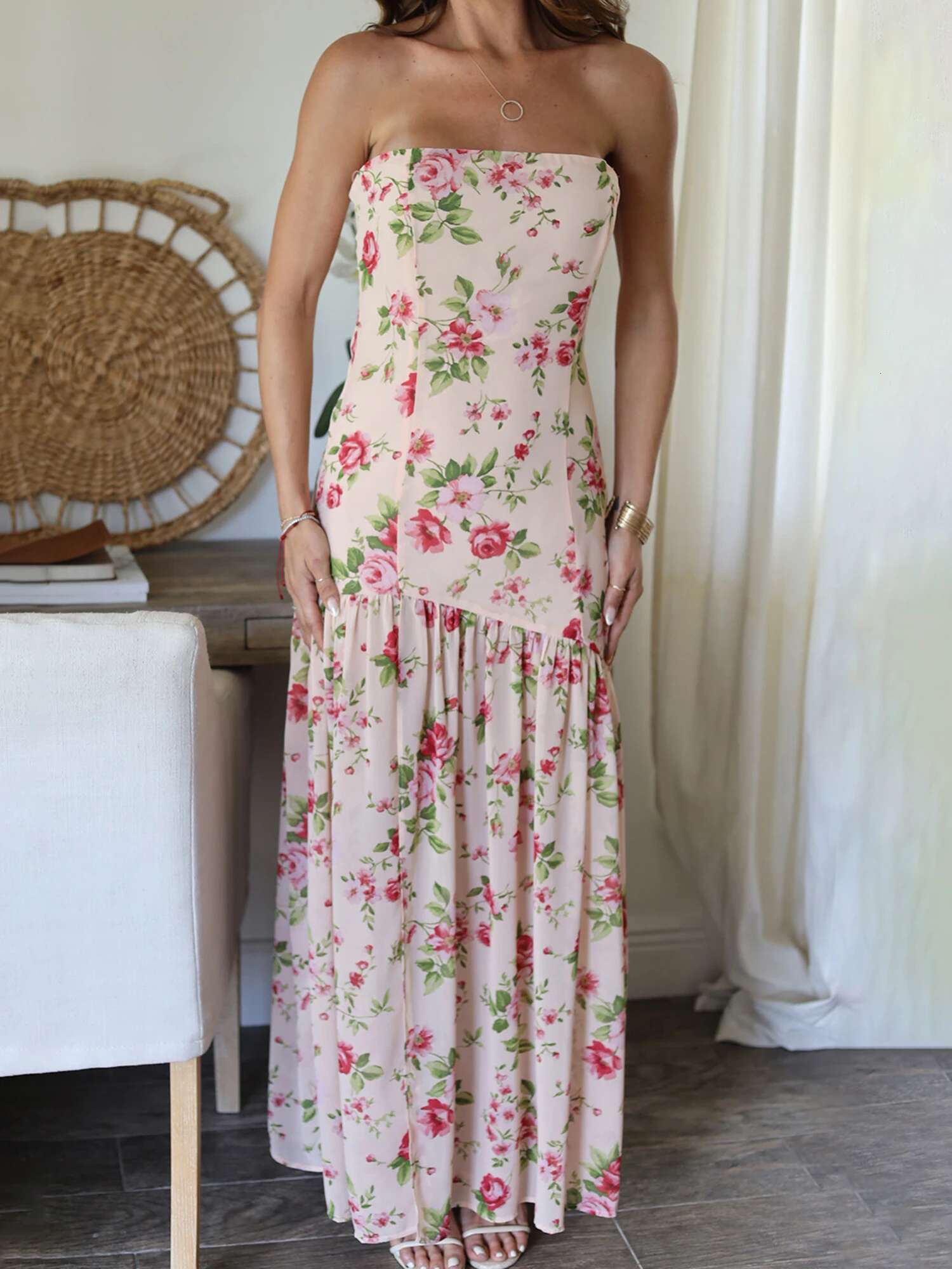 Women Off Shoulder Ruffle Dress Elegant Floral Print High Low Hem Maxi Dress for Wedding Party Prom Evening Gown Beach