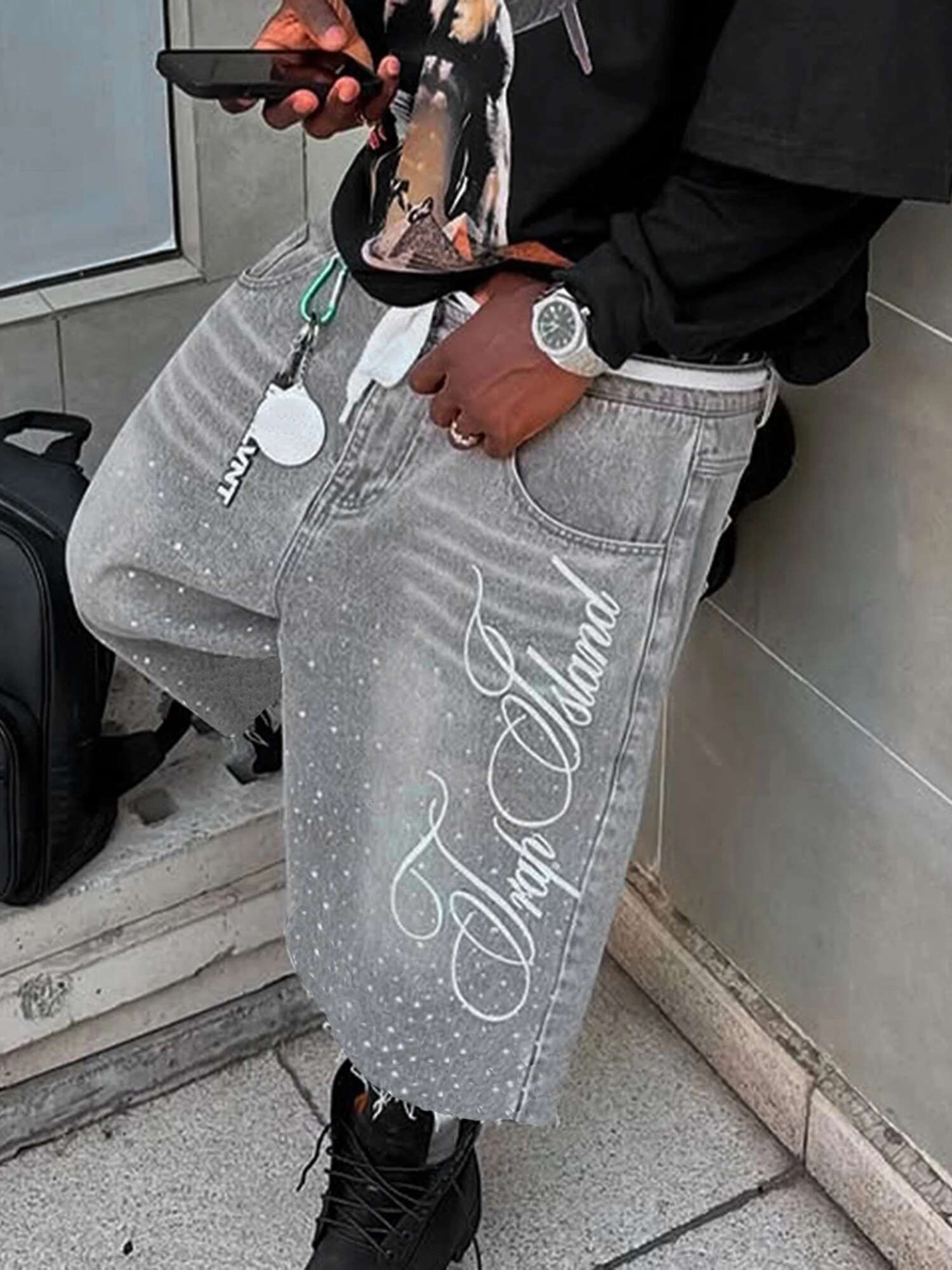 Mens Stylish Knee-length Denim Shorts with Embroidered and Rhinestone Detailing for Summer Casual Wear