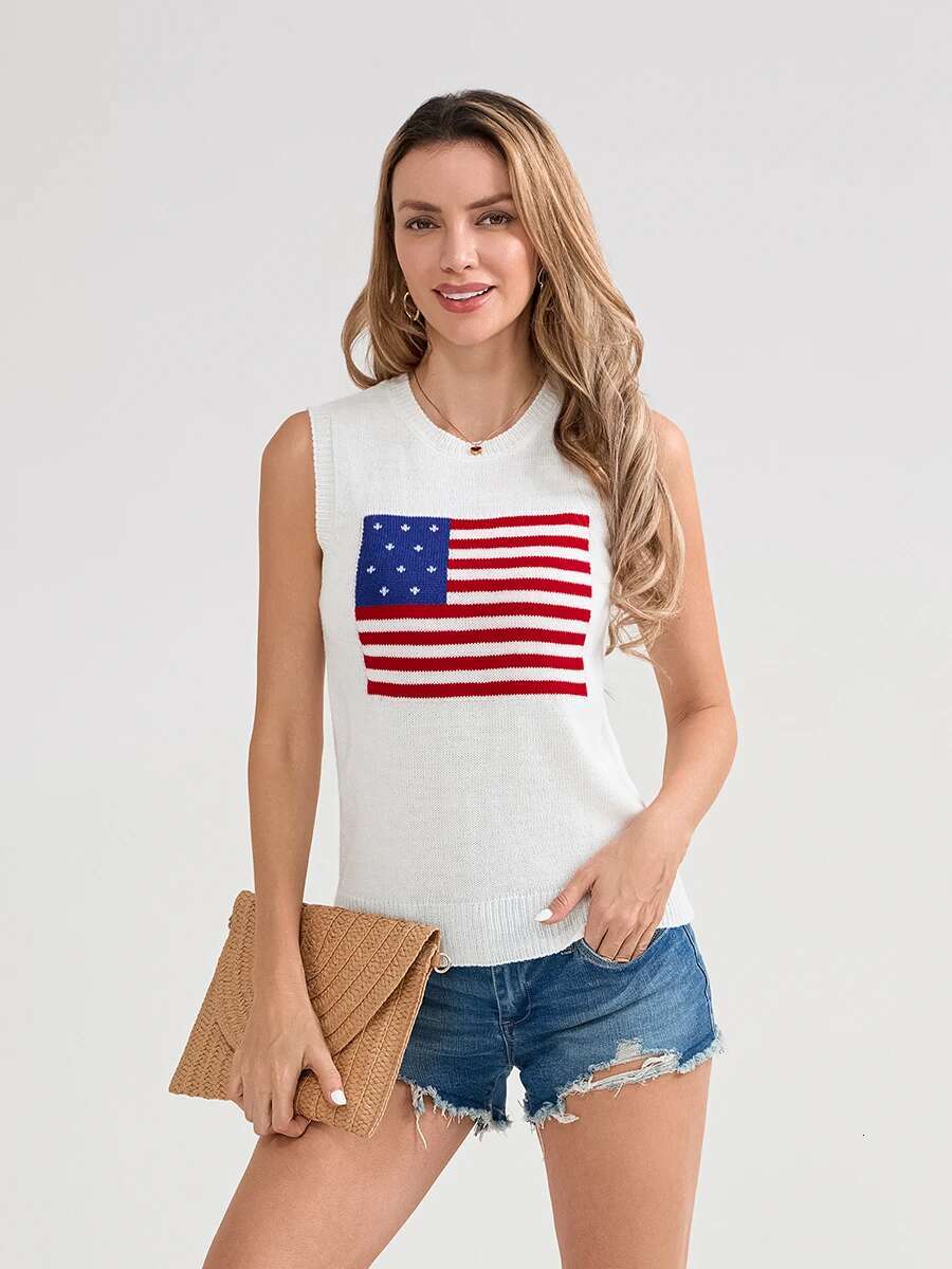 Womens Sleeveless Knit Tank Top with American Flag Print Casual Summer Vest for Daily Wear and Date Nights