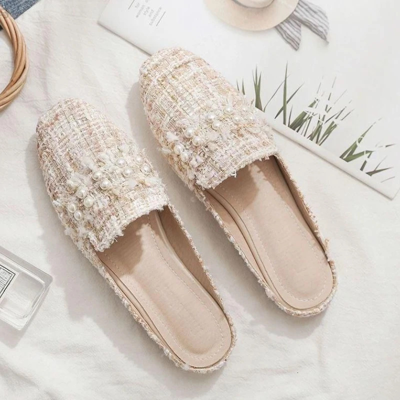 Pearl With Bow Sandals Outside Woman Slippers Low Heel Slides Summer 2025 Shoes for Women Liquidation Footwear Wholesale 250603