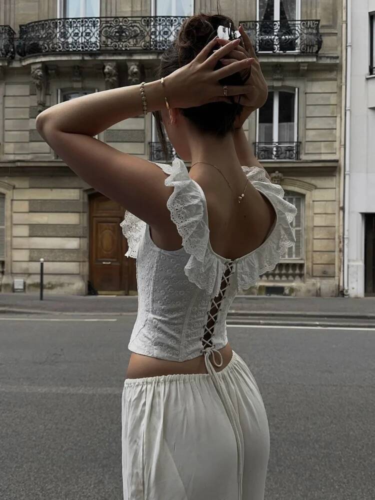 Elegant White Ruffles Lace Up Cropped Tops Summer Chic Crochet Flower Hollow Out Slim Fit Sling Top 2025 Sexy Female Streetwear