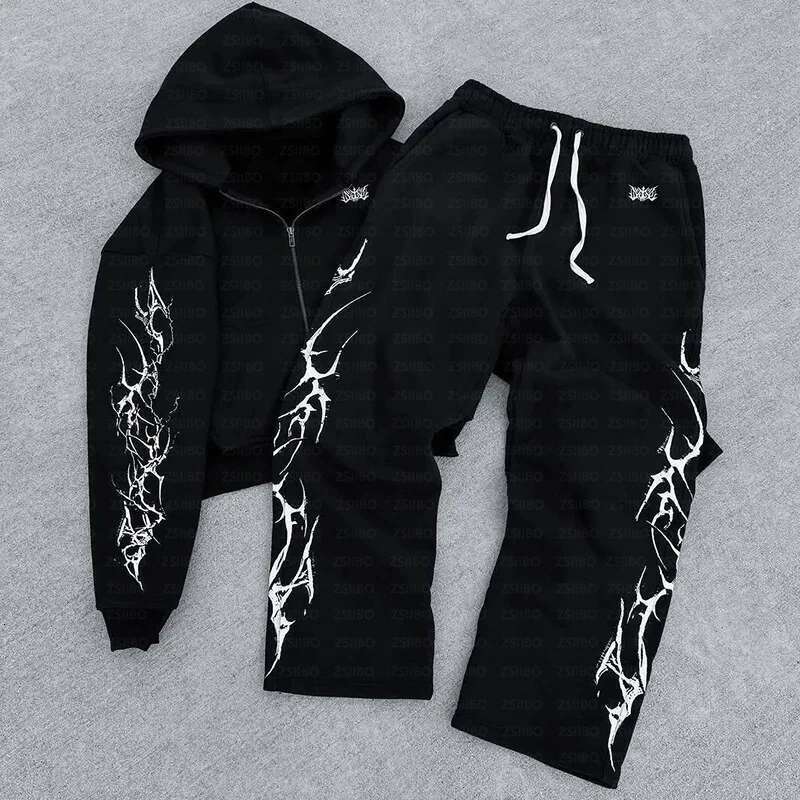 2025 new European and American retro punk complex design printed zipper cardigan hoodie trousers sweatpants suit street wear
