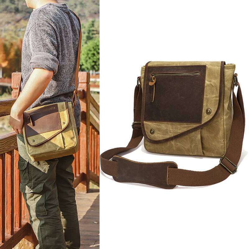 Vintage Waxed Canvas Crossbody Bag Men's Multi-Pocket Sling Shoulder Pack with Adjustable Strap for Travel School Daily