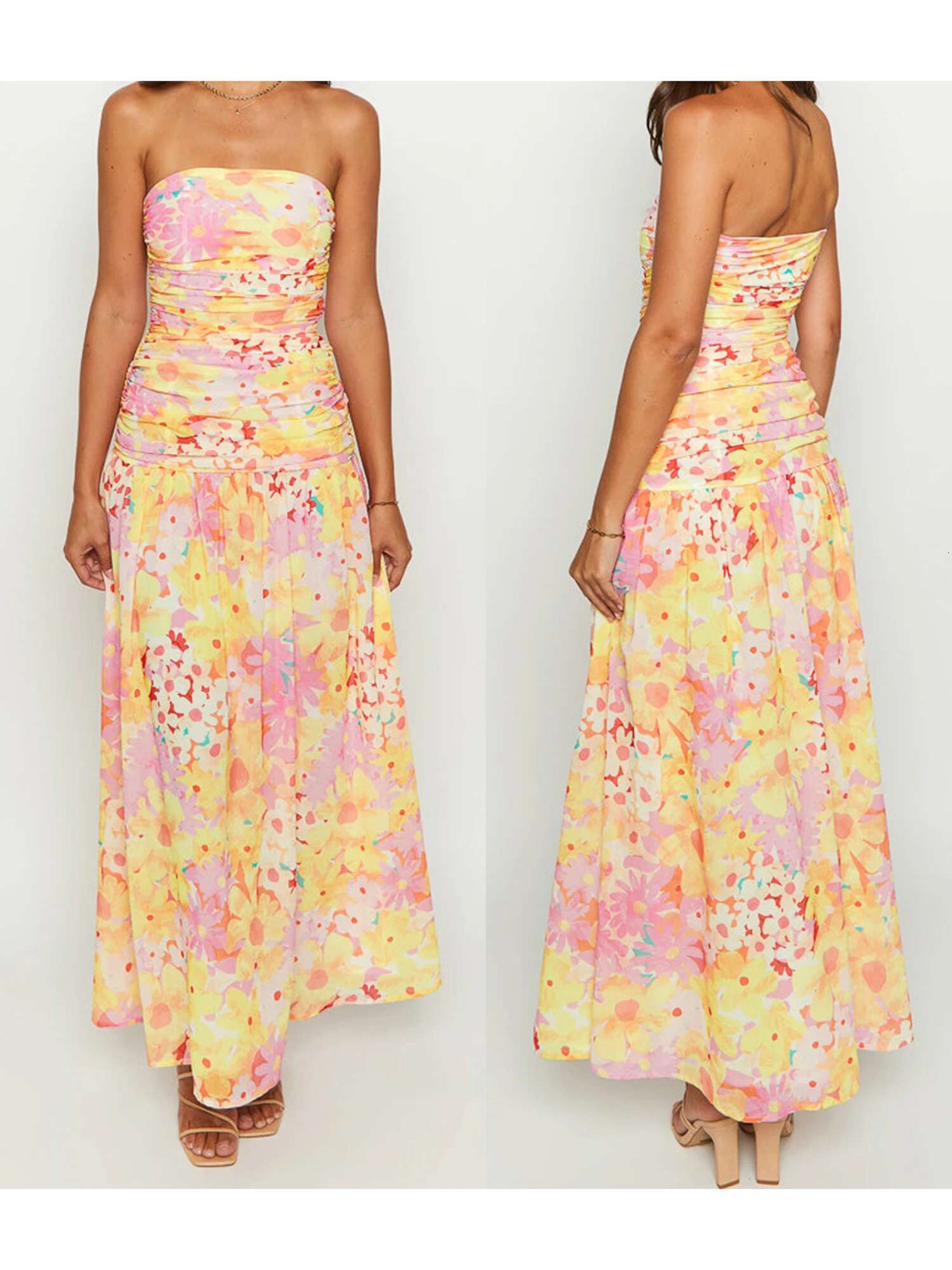 Womens Floral Print Maxi Dress Sleeveless V-neck Empire Waist Summer Dress with Ruffle Hem and Adjustable Straps