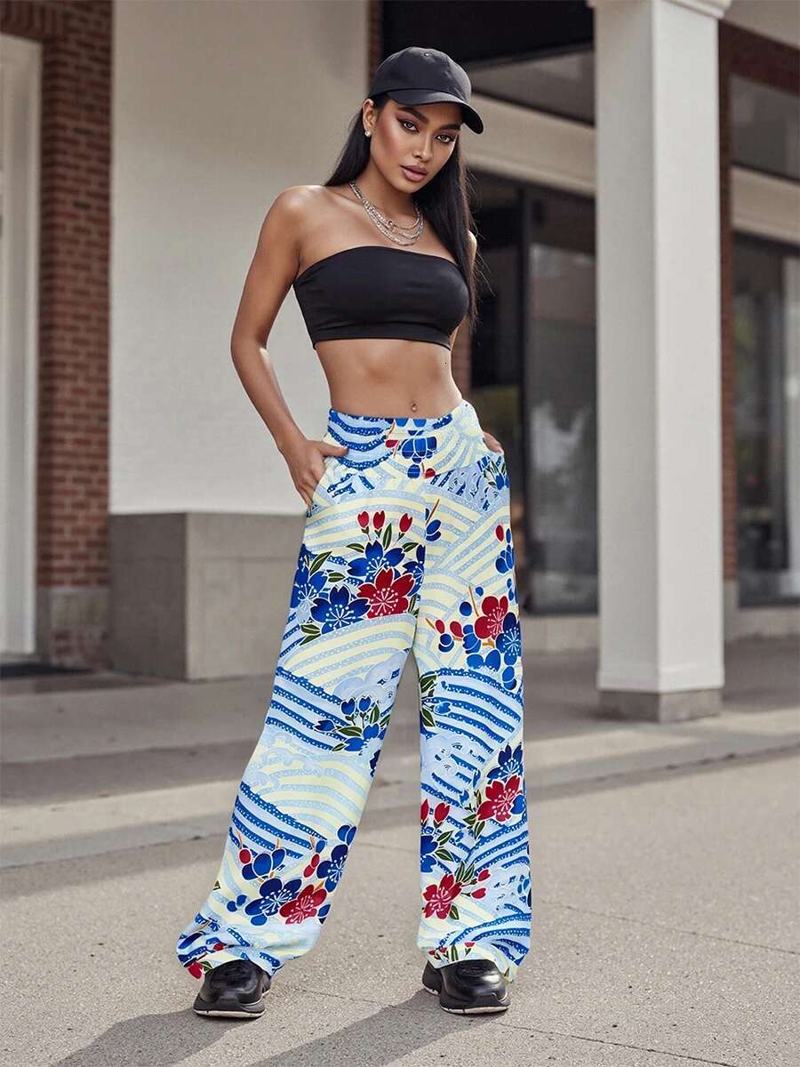 Womens Retro High Waist Floral Print Wide Leg Pants Casual Loose Fit Trousers for Stylish Streetwear Fashion