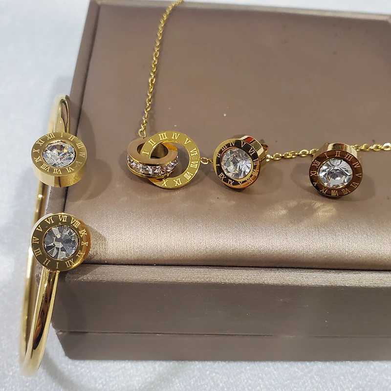 Luxury Roman Numeral Necklace Earring For Women Party 316L Stainless Steel Jewelry Set Gift Box Z250607