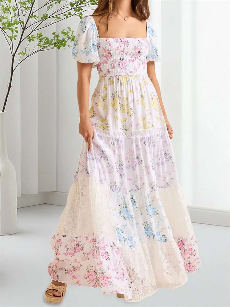 Elegant Floral Print Short Sleeve A-line Dress with Ruffled Hem for Women Perfect for Cocktail Parties and Streetwear Fashion