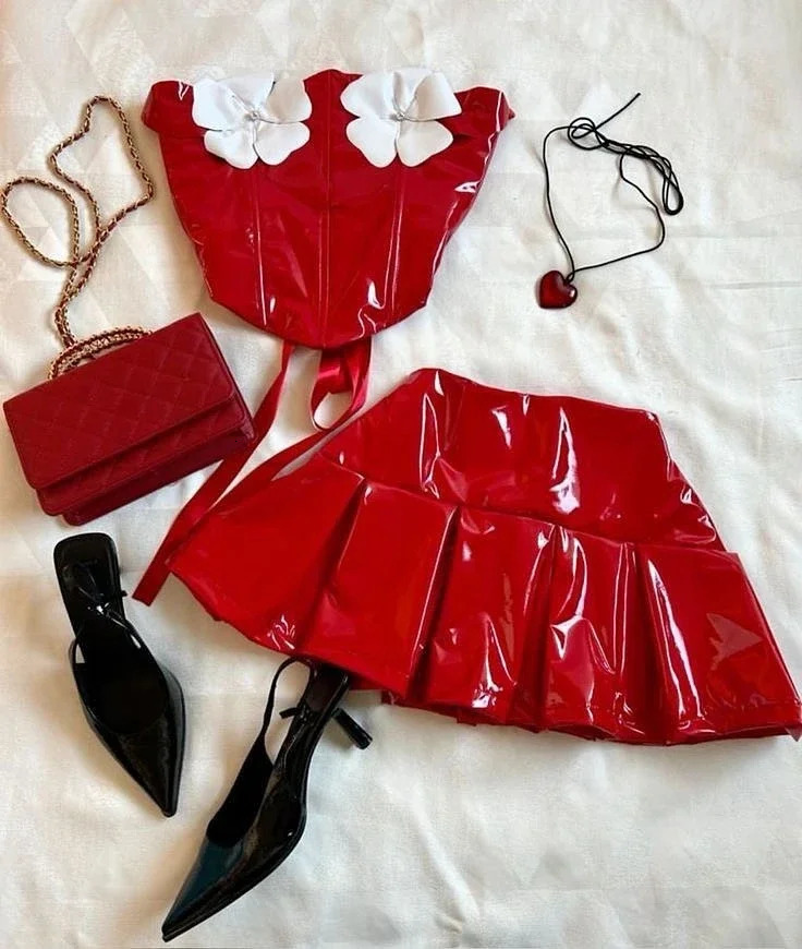 Harajuku Black Y2k Mini Skirt Sets Denim Splicing Leather Two Piece Sets Women Outfits Sexy Girl Gothic Camisole Tops Streetwear 250605