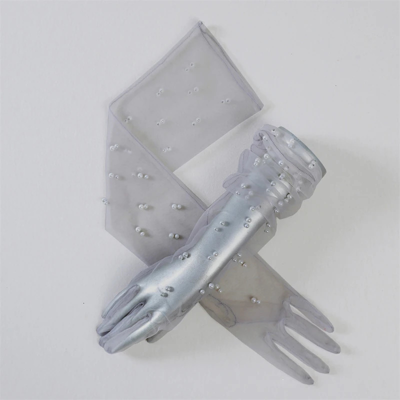 Women sexy Pearl Lace Tulle Gloves Wedding Bridal Gloves Mesh Yarn Long Full Finger Mittens 250603