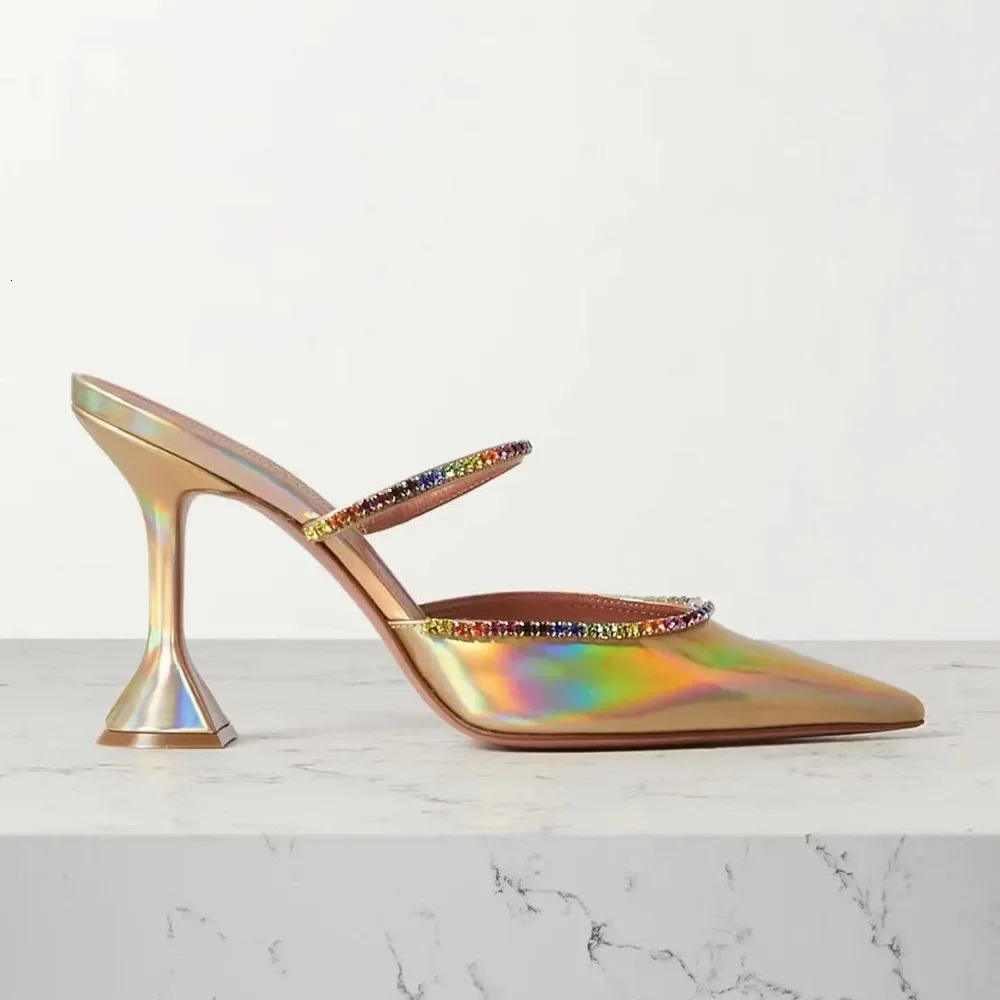 Korean Version of The Trendy Half-slip Womens Shoes with Rhinestone Satin Wine Glass Heels Baotou Slippers 250603