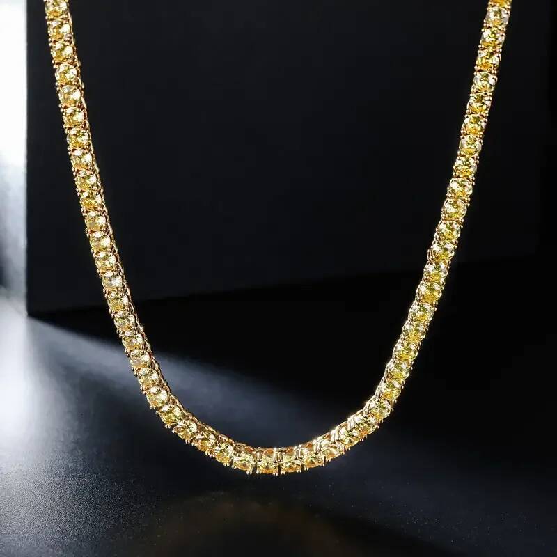 4mm Yellow Cubic Zirconia Copper Tennis Necklace Chain Unisex Gold Plated Men's Gift for Thanksgiving Christmas Father's Day