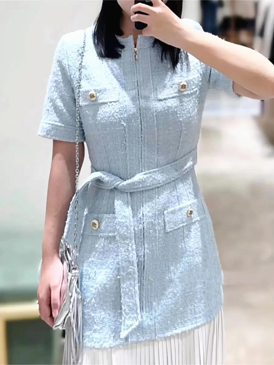 Women Tweed Splice Mini Dress Pleated Lace-up Zipper Fresh Short Sleeve Spring Summer Lady Robe 250603
