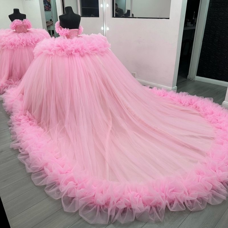 Pink Quinceanera Dresses Ball Gown Off The Shoulder Beads Tiered Tull Sweet 16 Dress Vestidos 15 De Anos