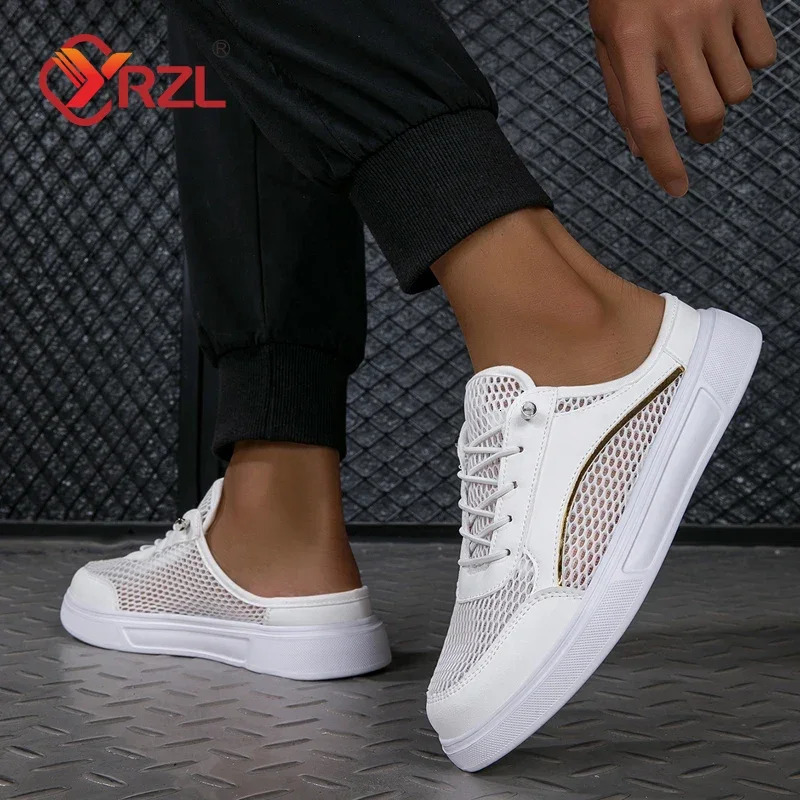 YRZL 2025 Half Slippers Women Shoes Summer Baotou Mesh Breathable White Flat Shoes Non-slip Comfortable Round Toe Mens Sandals 250603