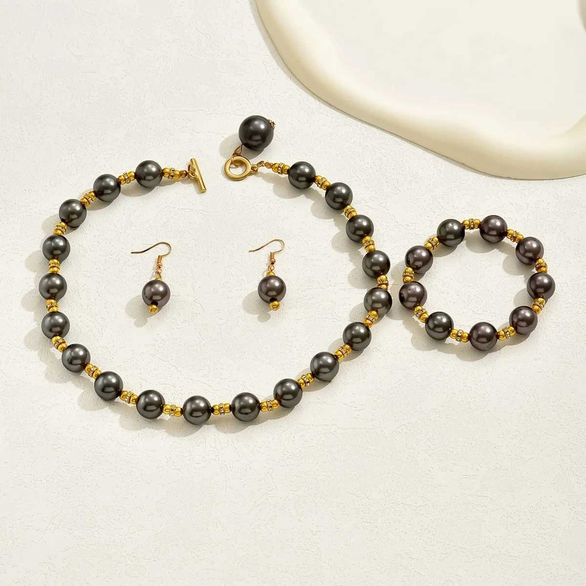 Obeg 3 Pcs Vintage Pearl Jewelry Set Necklace Hoop Earring Sweet Korean Temperament Pretty Design For Women Trendy Gift Z250607