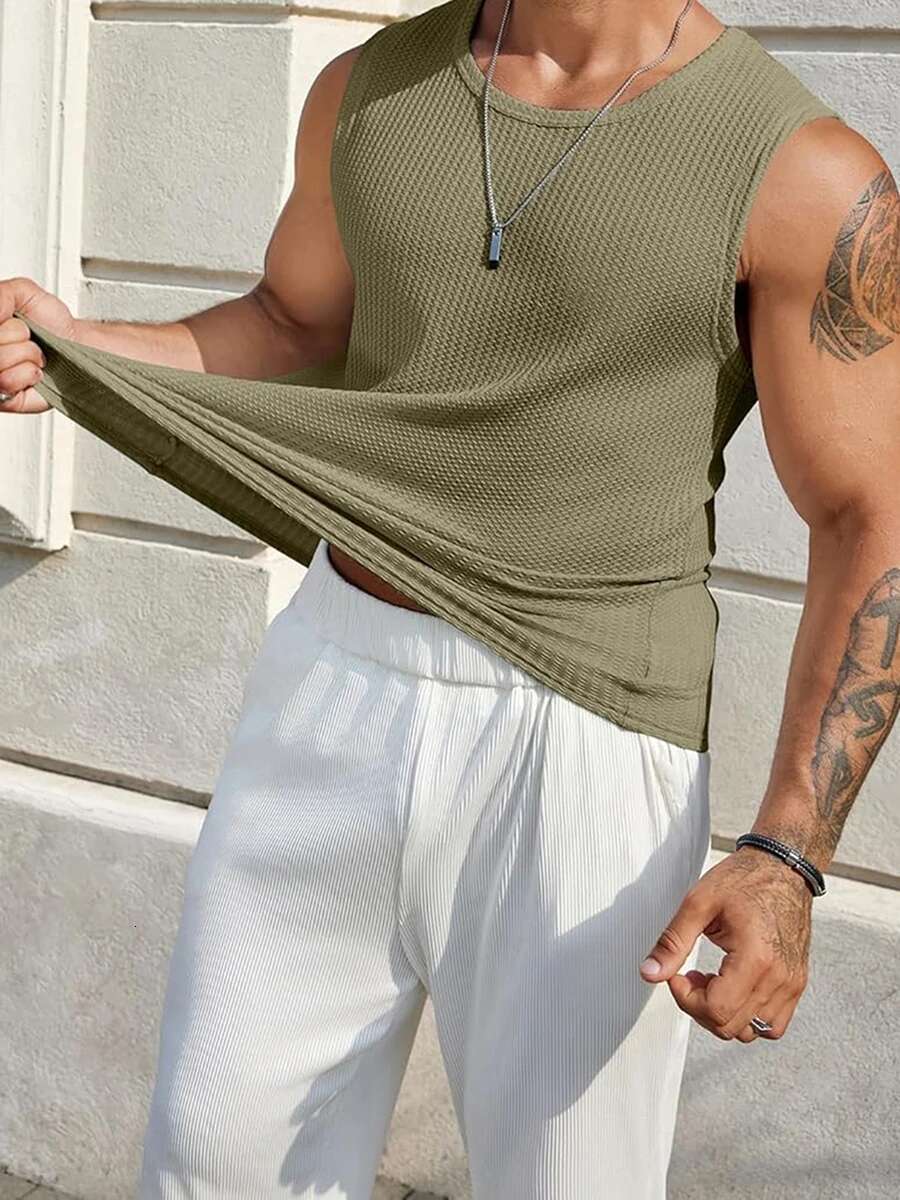 Mens Ribbed Knit Tank Tops in Solid Colors for Casual Wear Sleeveless T-shirt for Workout and Bodybuilding Streetwear Style