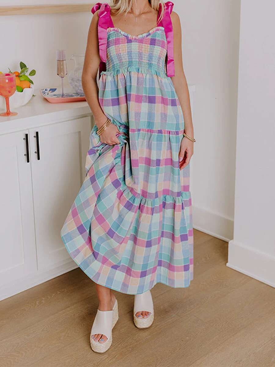 Elegant Sleeveless Maxi Dress with Tie-shoulder Detail and Ruffled Trim in Chic Plaid Pattern for Womens Fashion