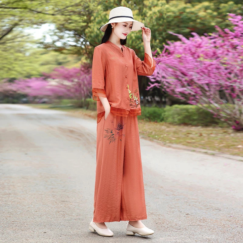 Womens Cotton and Hemp Set Plus Size Summer Half Sleeve Top Retro Print 2024 Multi Color Wear 250603