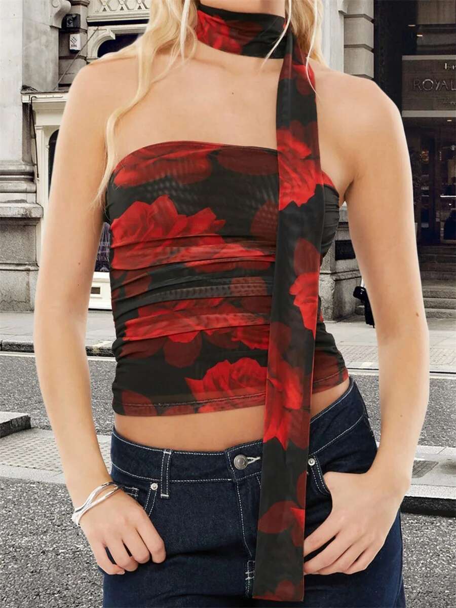 Womens Floral Print Tube Top with Matching Scarf Strapless Backless Crop Vest for Summer Fashionistas
