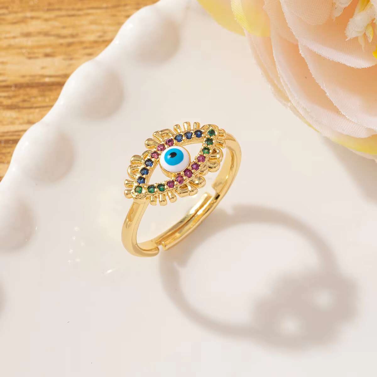 Laboratory cultured diamond ring; Unique multi-colored evil eye ring; 925 silver 18K gold open adjustable ring; Jewelry