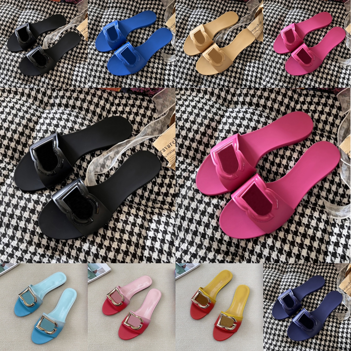 Women Luxury Slippers Flat Interlocking Slides Rubber Designer Sandals Lady Black Pink Red Blue Yellow Beige Summer Outdoor Beach Waterproof Flip Flops Scuffs