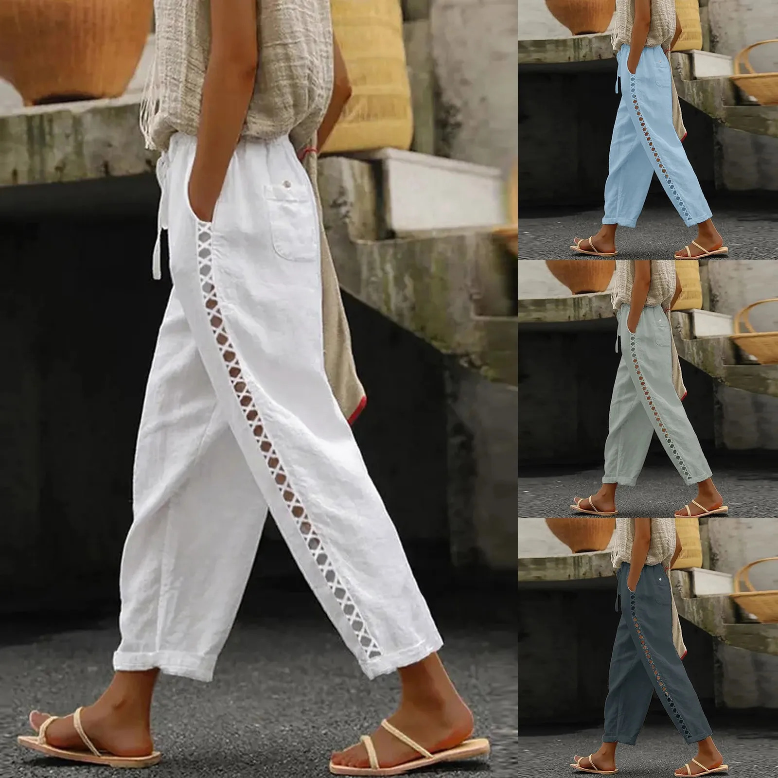 Solid Cotton Linen Pants For Women Bohemian Hollow Out Drawstring Wide Leg Cropped Pants Summer Leggings Sweatpants Beach Pants 250605
