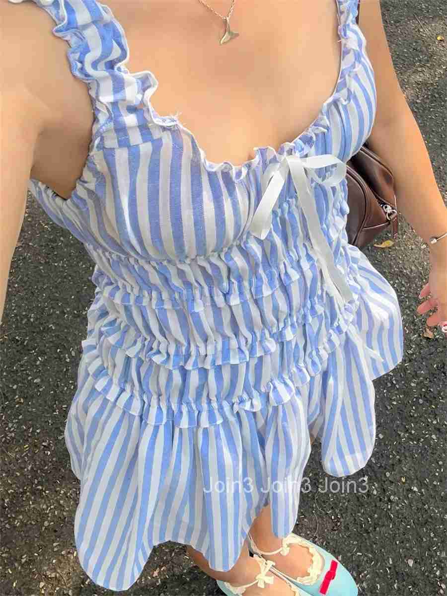 Elegant Striped Sleeveless Dress with Flattering Tie-up Bow Detail and Chic Frill Trim - Womens Scoop Neck A-line Ruffle Mini