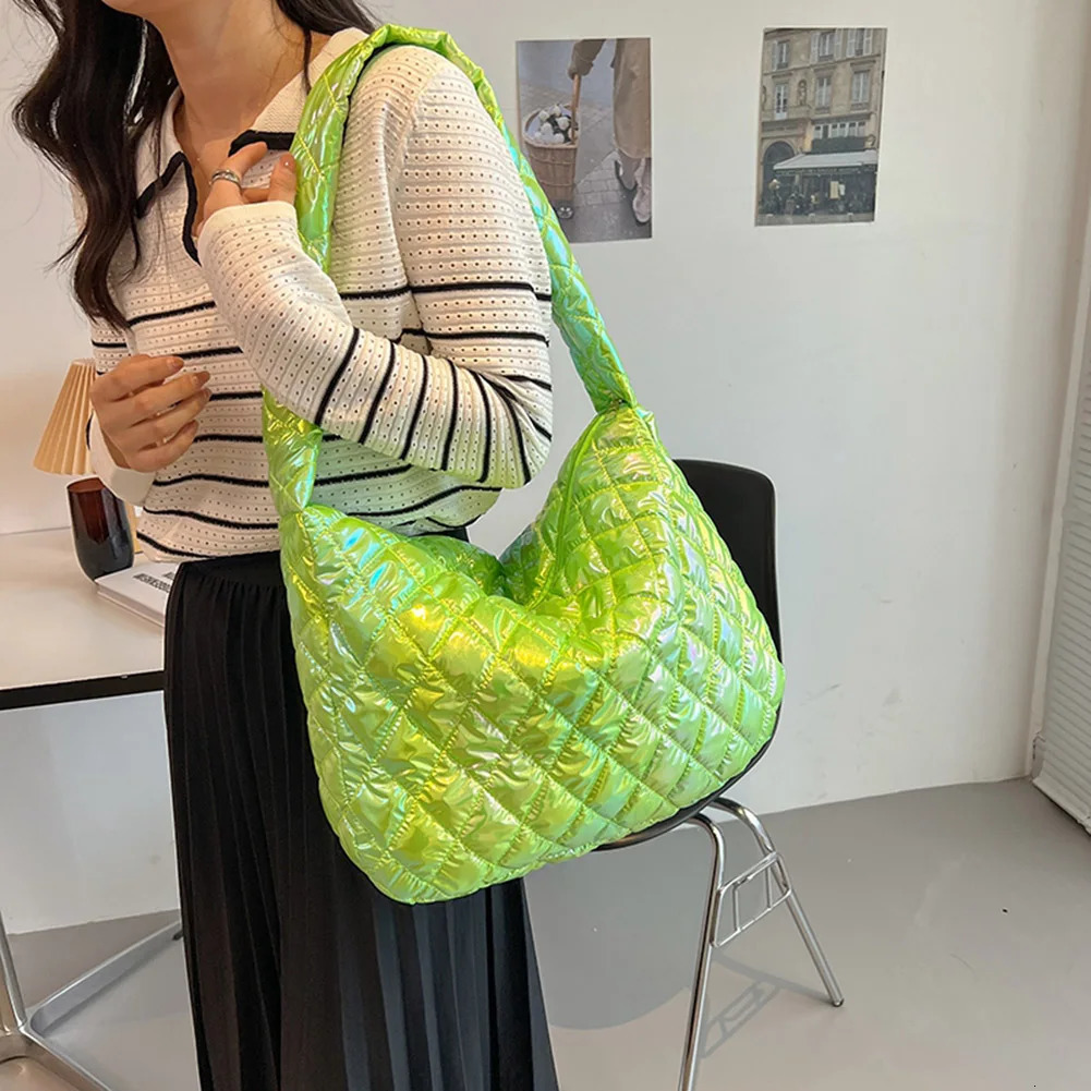 Autumn Winter Ladies Tote Handbags Large-capacity Cotton Padded Top-handle Bags Laser Multicolor Rhombus Winter Pattern Bag 250603