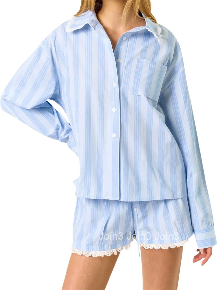 Womens Stylish 2 Piece Ensemble Featuring Long Sleeve Lace Trim Top and Coordinating Shorts for Effortless Summer Style