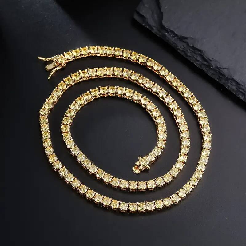 4mm Yellow Cubic Zirconia Copper Tennis Necklace Chain Unisex Gold Plated Men's Gift for Thanksgiving Christmas Father's Day