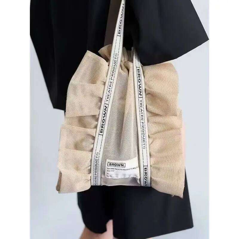 Japanese Niche Transparent Mesh Ruffle Edge Shoulder Strap Embroidered Letters Fashionable Drawstring Women's Bag