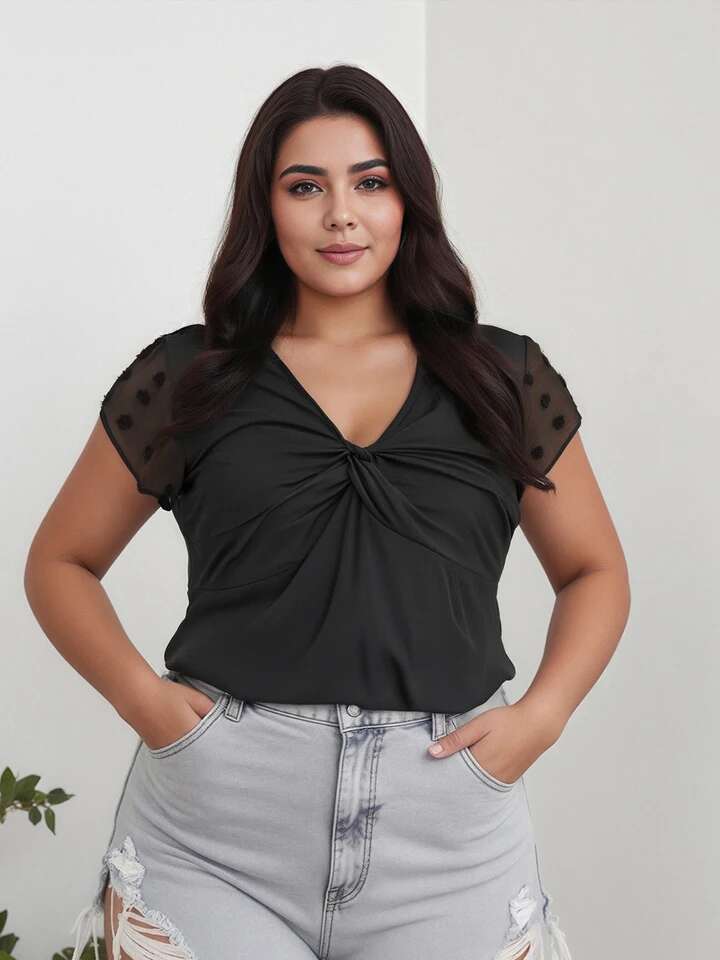 Womens Plus Size Summer Tops Twist Front v Neck Curved Hem Patchwork Mesh Short Sleeve Blouses with Floral Print