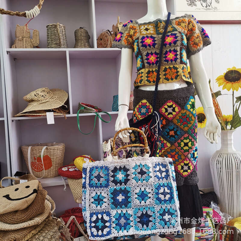 Straw Woven Bag Patchwork Square Cotton Yarn Crochet Handbag Custom Handmade GUHUISHU