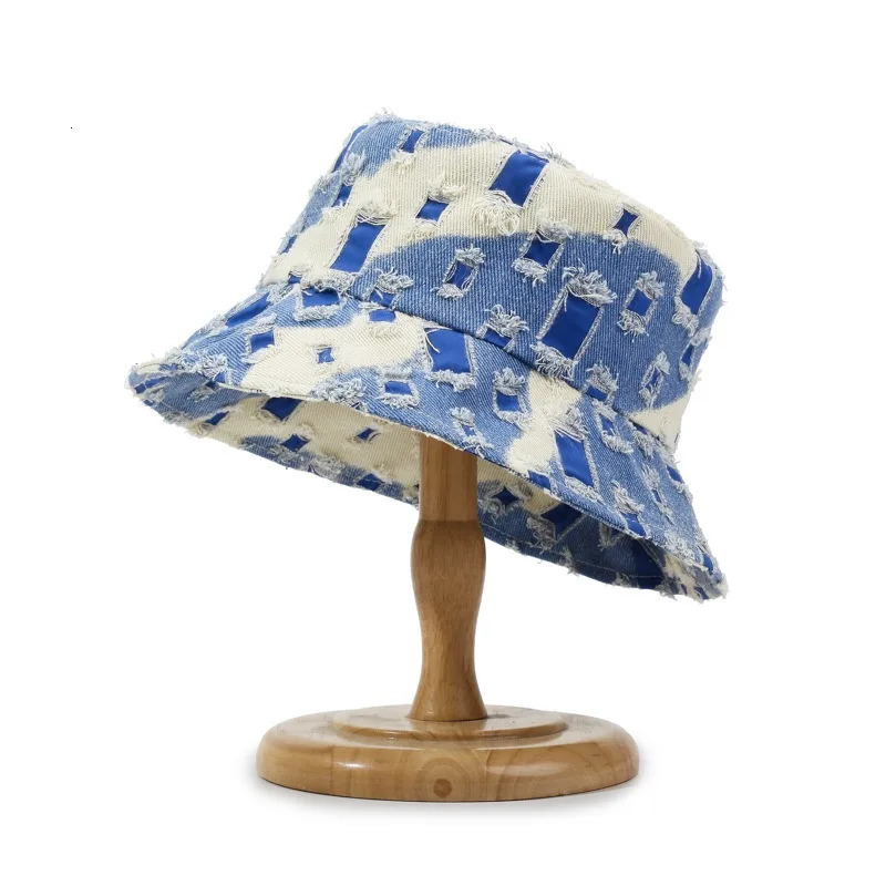 Fashion Women Men Washed Denim Ripped Bucket Hats Cool Lady Male Outdoor Panama Fisherman Cap Sun Hat For Women Men 250605